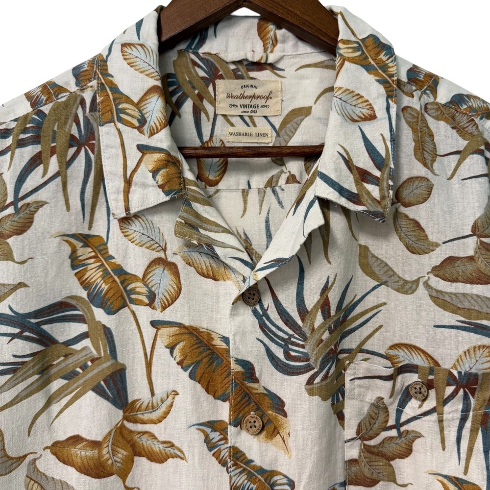 Mens XL Shirt Men Tropical Palm Leaf Washable Linen Blend Button Down Breathable